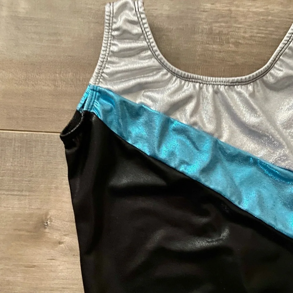 Elite Silver, Blue, and Black Gymnastics Leotard